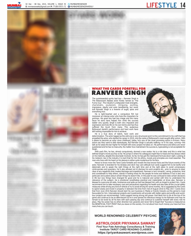 Ranveer Singh Mumbai Messenger Weekly Newspaper Article By Celebrity Astrologer Priyanka Sawant